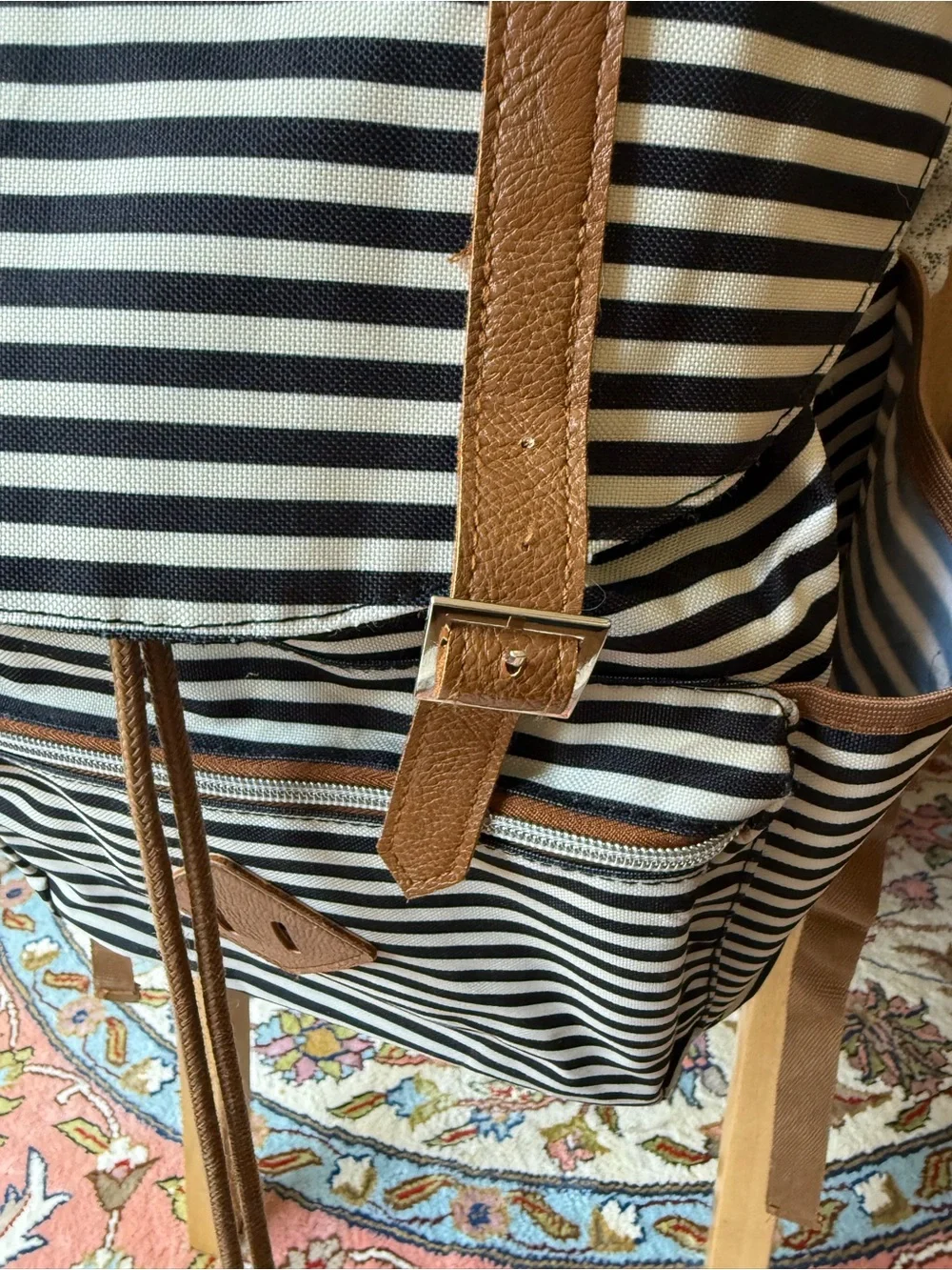 Black & White Striped Canvas Drawstring Flap Backpack Faux Leather Trim